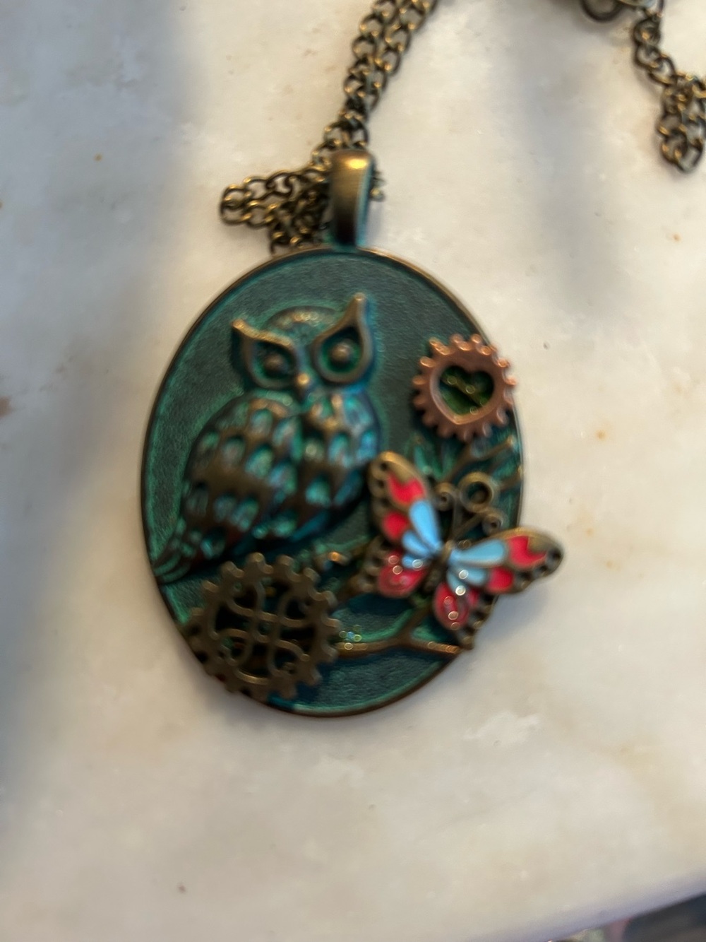 Private Label Teal Owl Pendant Necklace with Red & Blue Butterfly. Fl1